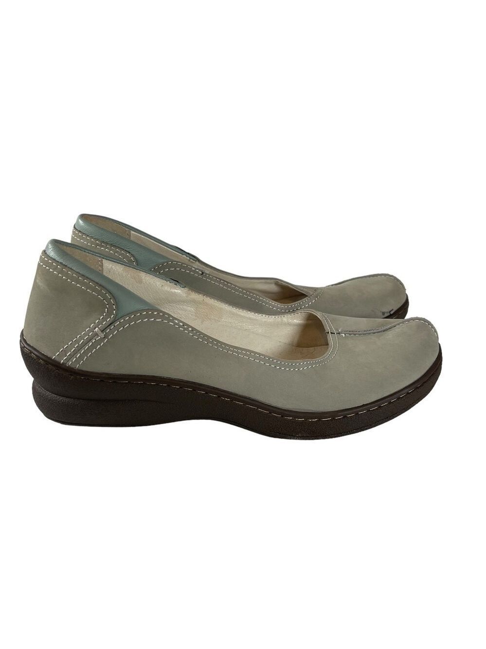 L.L. Bean Shoes Women's 11 Green Grey Slip On Wedge Split Toe Leather 286836